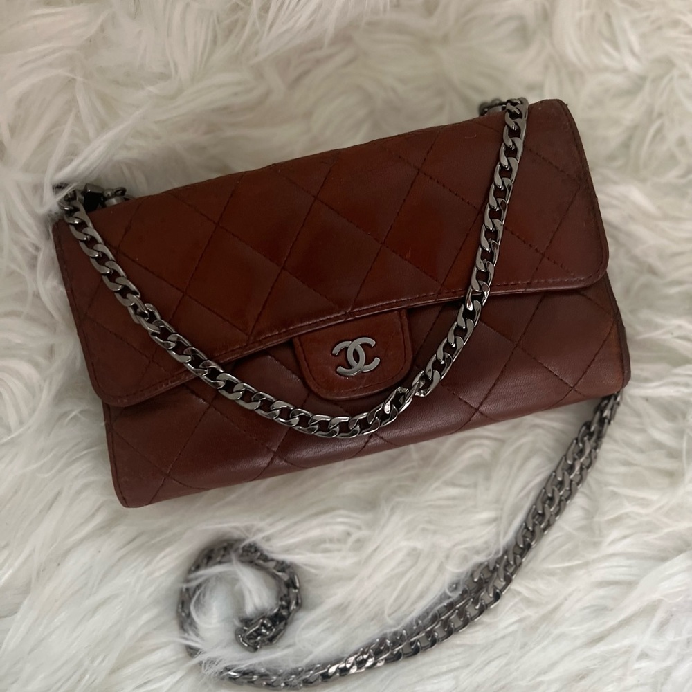Authentic Chanel Brown Classic Flap Wallet With Chain - Picture 3 of 12